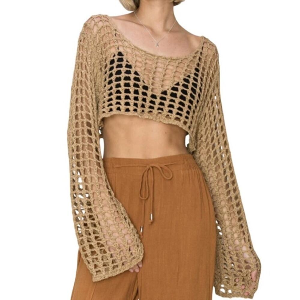 HYFVE Brown Open-stitch Crochet Mesh Crop Top Size S